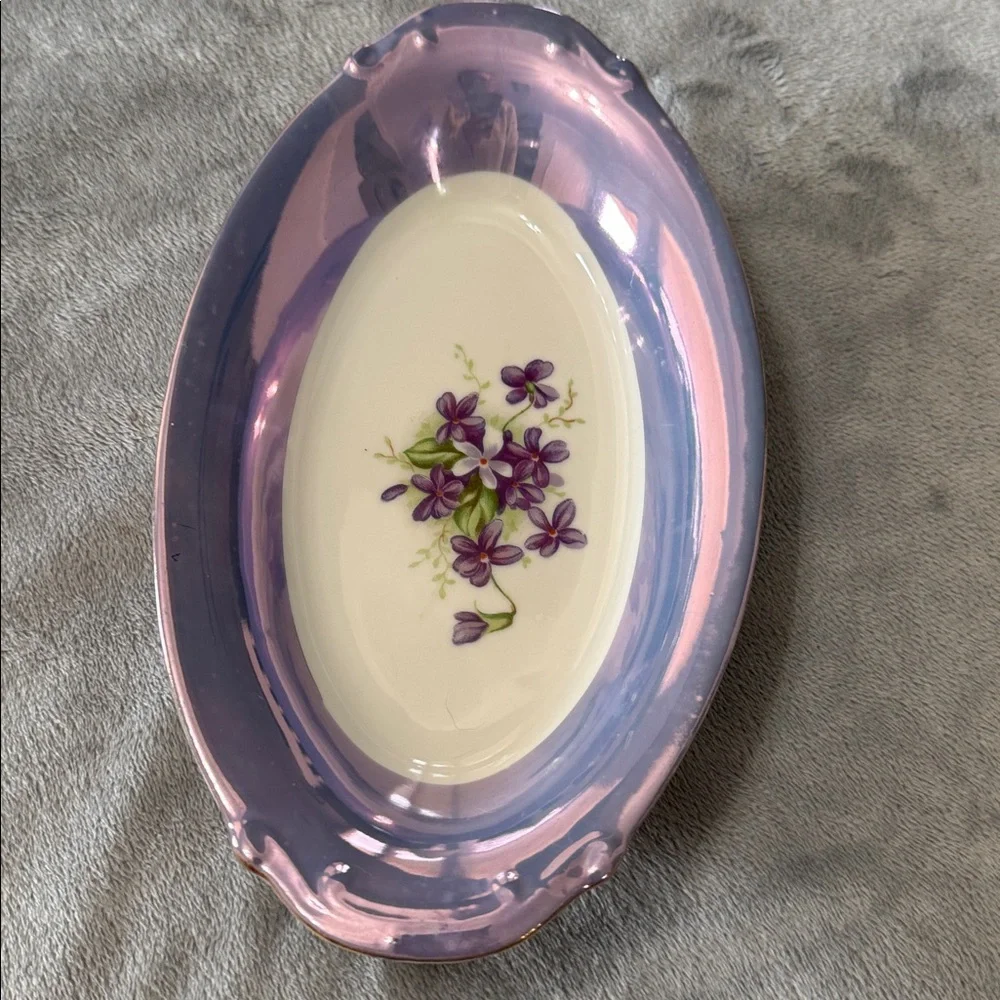 Vintage Norleans Blue Lusterware Oval Relish Dish‎ Painted Violets Iridescent